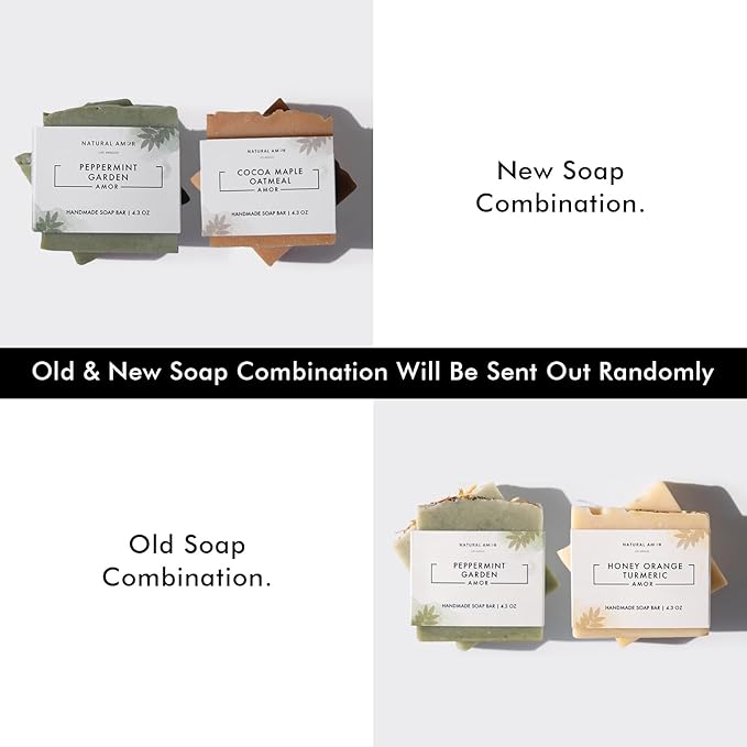 Natural Amor Handmade Soap Bar Gift Set 2pk with Soap Dish and Soap Saver, Scented with Essential Oils, Made with Natural Ingredients for All Skin Types