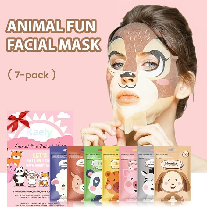 Kaely 7 Pack Kids Face Mask Spa, Animal Face Masks for Kids Teens Women Skincare, Animal Character Sheet Facial Mask for All Skin Types, Girls Night Party Skin Care Set, Birthday Christmas Gifts, 01A