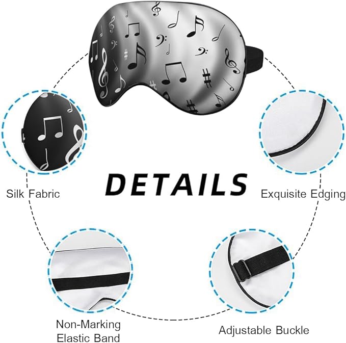 Music Notes Sleep Eye Mask Black White Gray Shadow Silk Eye Mask Sleeping Soft Eye Shade Cover for Men Women Boy Girl Airplane Travel with Elastic Strap