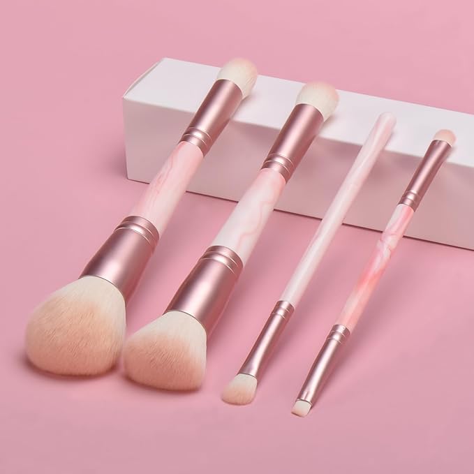 4PCS Pink Dual-Ended Makeup Brushes Set, Soft Synthetic Fiber Foundation Concealer Blending Eyeshadow Kabuki Brush, Travel-Friendly with Pouch, Vegan & Cruelty-Free