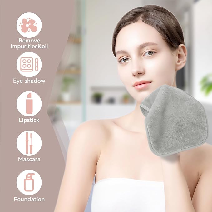 Nugilla Makeup Remover Cloths, 8 Packs Makeup Remover Towels Reusable Face Wash Cloth, Soft Makeup Remover Microfiber Face Cloth for Women(Light Grey)