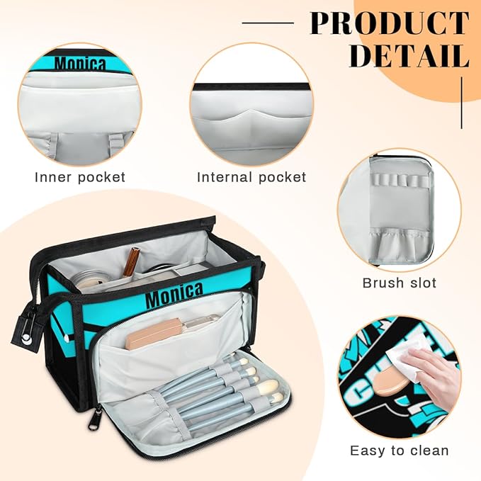 Custom-Makeup-Bag Personalized Travel Toiletry Bag Text Customized Cheer Makeup Bags Cosmetic Bags for Women With Divider & Handle Blue