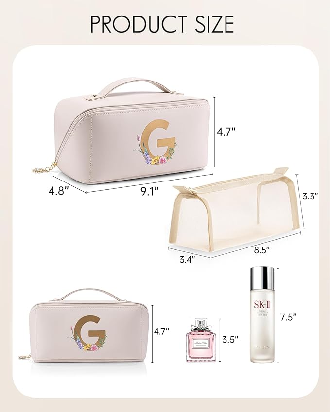 Vlando Bridesmaid Gift,Initial Makeup Bags for Women,Cosmetic Storage Bag with Zipper for Travel Essentials Birthday Wedding for Wife(Letter G)