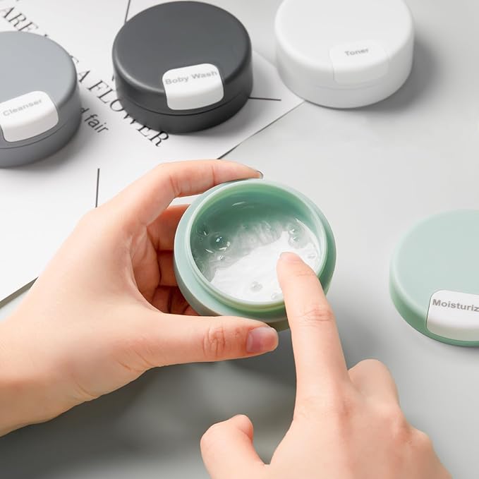 Gemice Travel Containers for Toiletries, Magnetic Travel Containers, TSA Approved Cream Jars with Toiletry Bag, Leak-proof Small 1oz Capsules Set with Multiple Labels for Organization (4 Pack)