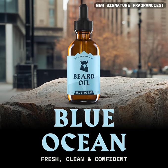 Striking Viking Beard Oil for Men - Naturally Derived Conditioner with Almond, Tea Tree, Argan & Jojoba Oil for Beard Growth, Softening & Moisturizing (2 Fl Oz (Pack of 1), Blue Ocean)