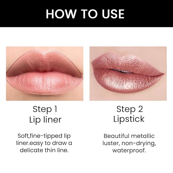 evpct 1Pcs Rose Nude Pink Metallic Shine Shimmer Lip Liner and Lipstick Combo Set Kit for Women, Lightweight Hydrating Formula High Impact Full Coverage Lipstick and Lip Liner Makeup Gloss, 17#