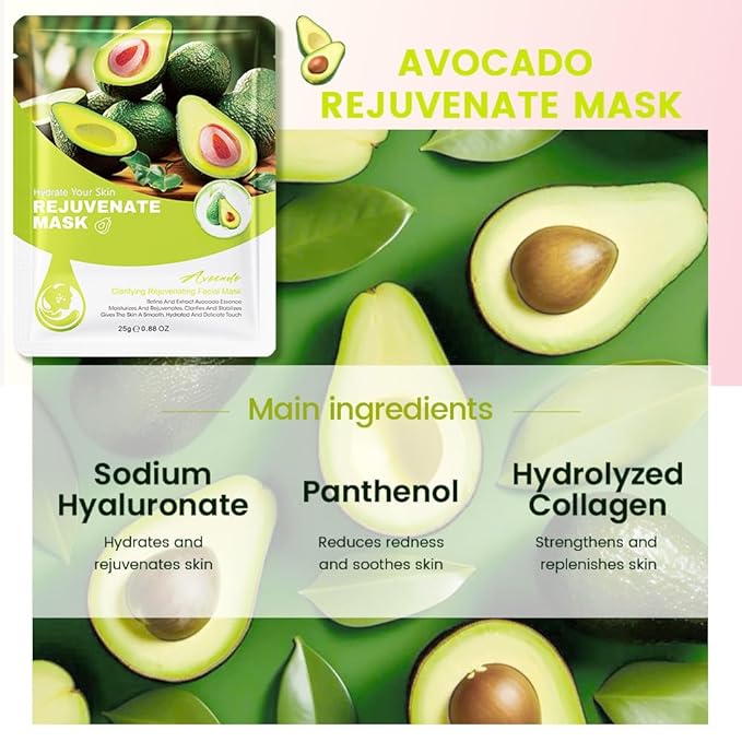 Kaely 12 Pack Avocado Face Masks for Kids, Kids Face Mask Spa Day Kit Supplies, Spa Party Favors for Teens Girls Night, Sheet Facial Mask Skincare Gifts Set, Hydrating Soothe for All Skin Types, 06