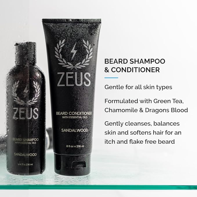 ZEUS Deluxe Men’s Beard Care Gift Set – Luxury Holiday Grooming Kit with Wash, Oil & Brush, Perfect Present for Husband, Dad or Boyfriend (Sandalwood)