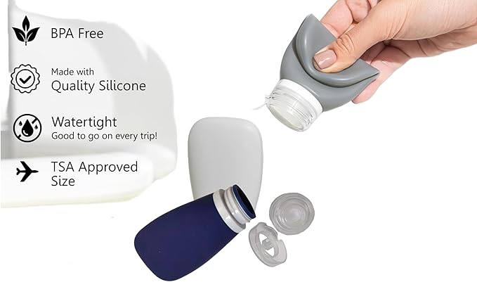 Travel Bottles for Toiletries, TSA Approved 3oz Leak Proof Silicone Soft Refillable Squeeze Travel Size Containers BPA Free for Cleansers, Lotions, Shampoo, Conditioner 4pk (2Black-2Gray)