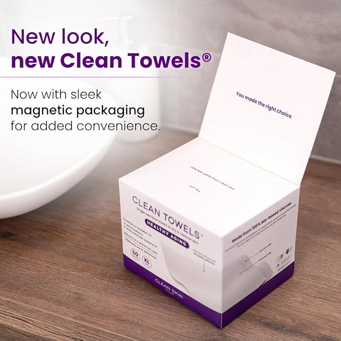 Clean Skin Club Healthy Aging Clean Towels® XL, Smooths Fine Lines Wrinkles & Texture in 6 weeks, Treated for Extra Softness, Disposable Face Towels, Anti Aging Makeup Remover Dry Wipe, 50 count