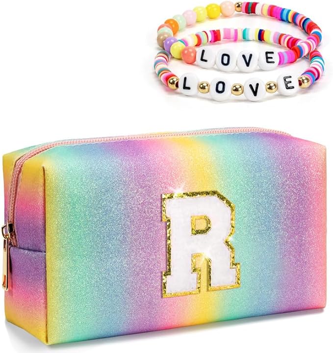 Birthday Gifts Idea, Initial Makeup Bags for Girls Kids Women, Cute Makeup Pouch, Personalized Gifts for Daughter Granddaughter for Graduation, Preppy Trendy Stuff (Medium)