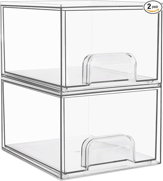 Vtopmart 2 Pack Small Clear Stackable Storage Drawers,Acrylic Bathroom Makeup Organizer,Plastic Storage Bins For Vanity, Undersink, Kitchen Cabinets, Pantry, Home Organization