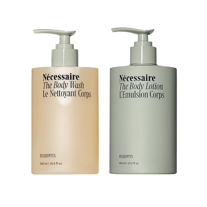 Nécessaire The Body Duo (Eucalyptus) Holiday Gift Set - The Body Wash 16.9oz + The Body Lotion 15.2oz for Women + Men. Multi-Oil Shower Gel Cleanser + Multi-Peptide Body Moisturizer. Non-Comedogenic.