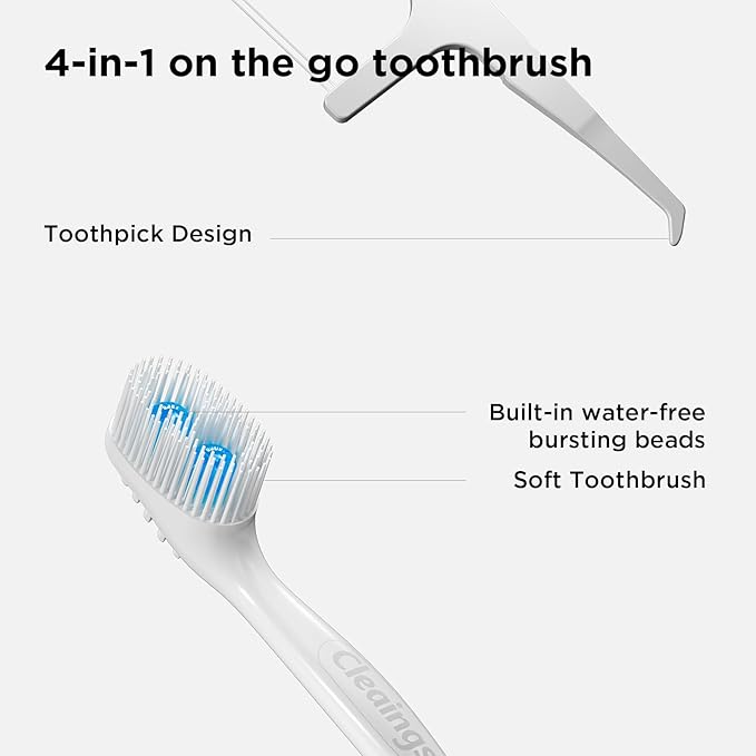 cleaings® Disposable Toothbrushes with Toothpaste - 4-in-1 Mini Travel Toothbrushes, Built-in Tongue Scraper, Floss & Picks for On-The-Go, Camping, Work (Extra Strong Mint)