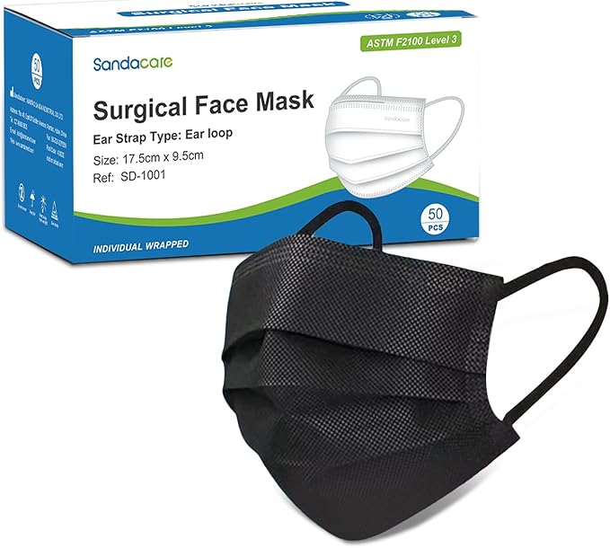 Face Masks Disposable for Adults, 3 Ply ASTM Level 3, Breathable & Comfortable, Individually wrapped Black 50 Pcs