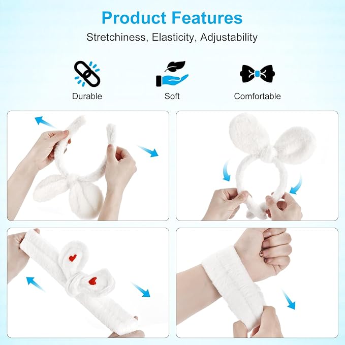 4Pack Headband and Wristband Set for Washing Face, Spa Skincare Makeup Headband, Soft Puffy Hair Band Bow Tie, for Women and Teen Girl Trendy Stuff Gifts