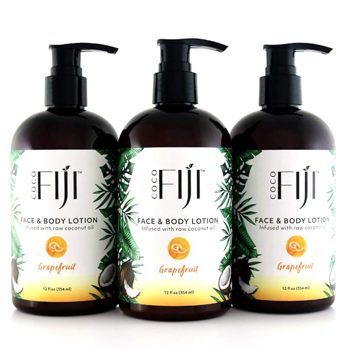 Coco Fiji Face & Body Lotion Infused With Coconut Oil | Lotion for Dry Skin | Moisturizer Face Cream & Massage Lotion for Women & Men |Grapefruit 12 ozPack of 3