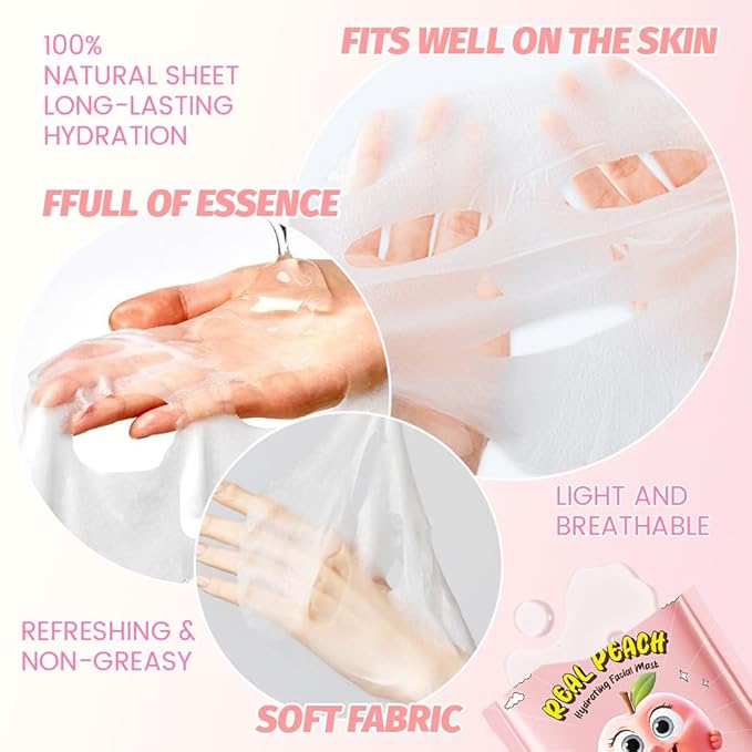 Kaely 12 Pack Peach Face Masks for Kids, Kids Face Mask Spa Day Kit Supplies, Spa Party Favors for Teens Girls Women, Sheet Facial Mask Skincare Gifts Set, Moisturize Soothe for All Skin Types, 08