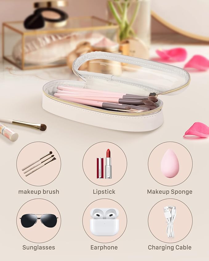 Clear Travel Makeup Brush Holder, Leather Makeup Brush Toiletry Bag, Portable Cosmetic Brush Case, Transparent Waterproof Makeup Brush Storage Bag, White, Large