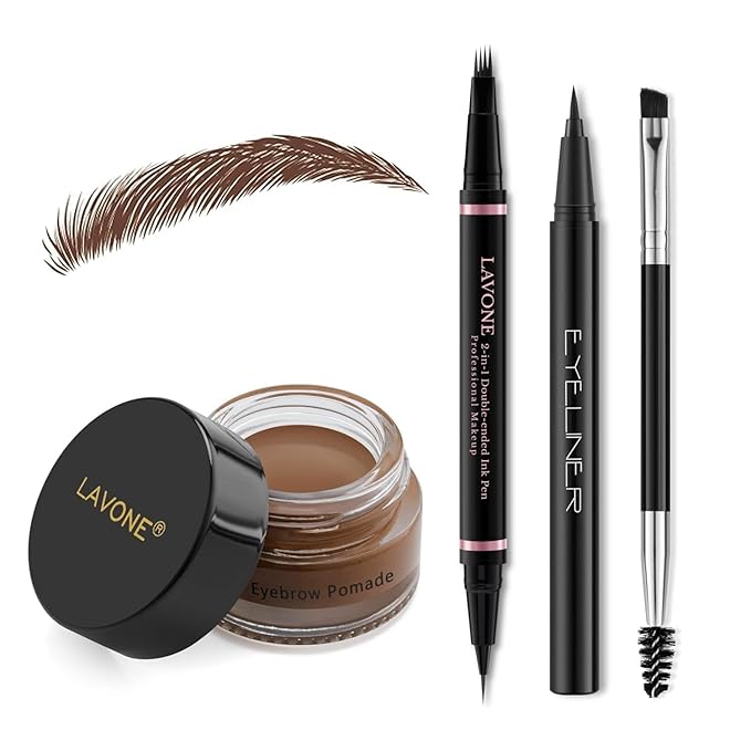 Eyebrow Pencil Makeup Kit, with Waterproof 2-IN-1 Microblading Eyebrow Pen, Eyebrow Pomade, Eyeliner and Dual-ended Eyebrow Brush, Brow Pencil Kit for Natural Eyebrows - Soft Brown