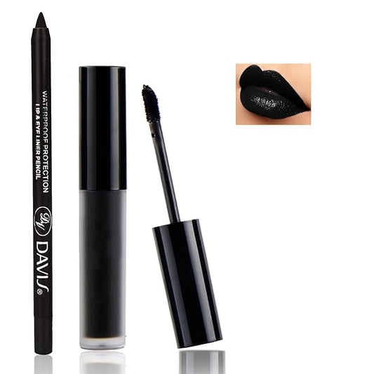 Black Matte Lipstick and Lip Liner Pencil Set Black Liquid Lipstick Lip Gloss Set Smudge Proof Long-lasting, Suitable for Halloween Goth Cosplay Makeup Lip Makeup