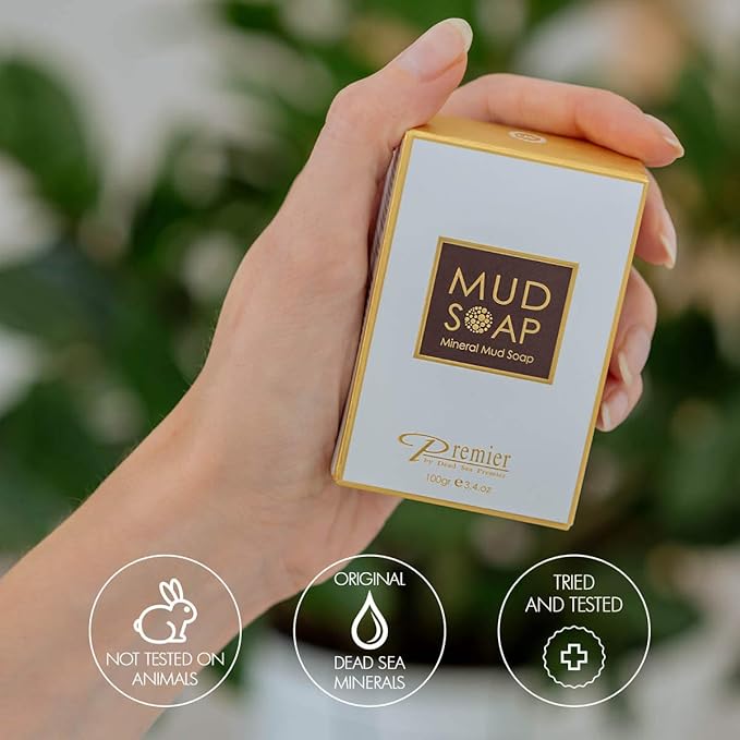 Premier Dead Sea Mineral MUD bar Natural body wash, face wash, hand soap, for all Skin Types. Therapeutic and Antibacterial, helps with Acne, Rosacea, Eczema and Psoriasis, 3.4 Oz