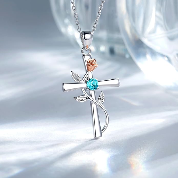 Cross Necklace for Women, 925 Sterling Silver Birthstone Necklace for Women with Rose Flower Birthstone Womens Jewelry Birthday Gifts for Wife Women