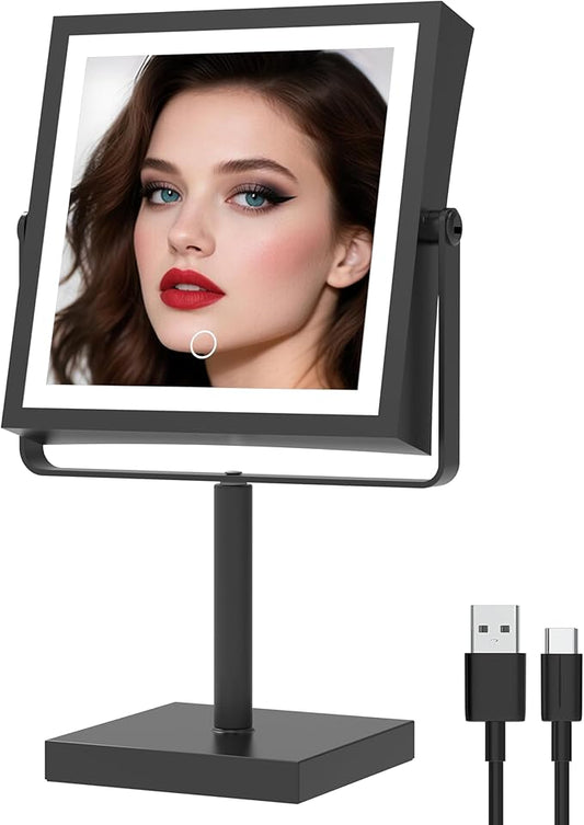 Ruacq Vanity Mirror with Lights, Height & Brightness Adjustable, Rechargeable 4000mAh Lighted Makeup Mirror with Magnification 1X/10X, 3 Color Lights & 360° Rotation (Matte Black-Table)