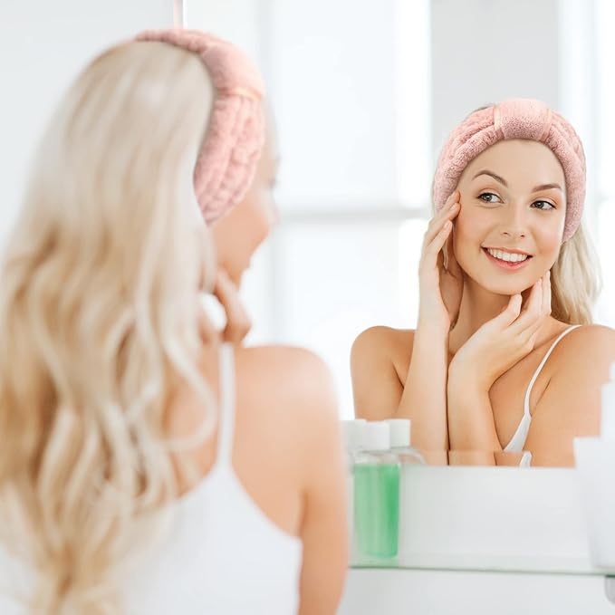 WILLBOND 4 Pack Microfiber Headbands Spa Facial Headbands Makeup Head bands Elastic Terry Cloth Head Wrap for Women Girls Washing Face Makeup Shower Yoga Sports(Pink)