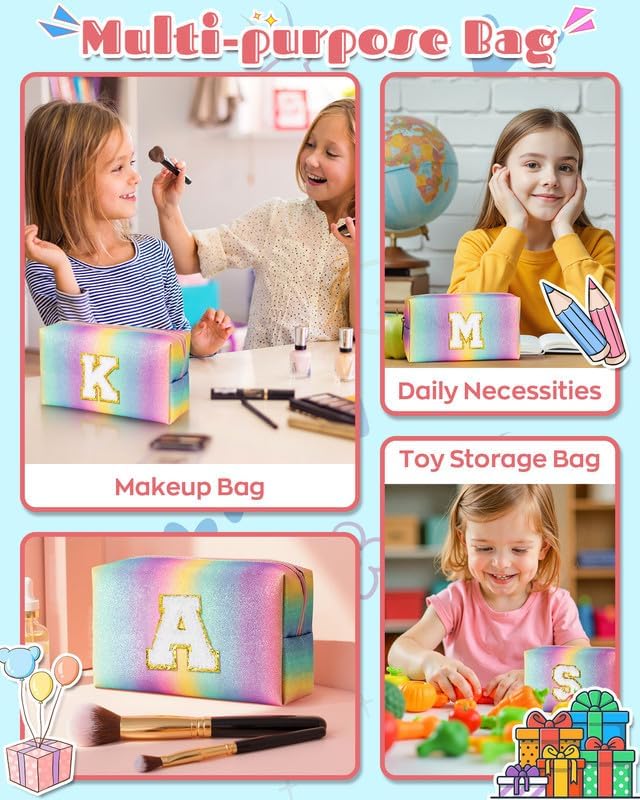 Kindergarten Graduation Gifts for 4 5 6 7 8 9 10 11 12 Year Old Girls, Initial Makeup Toiletry Bag with Friendship Bracelets for Kids, Birthday Gifts, Spa Stuff, Letter Zipper Pouch (Large)