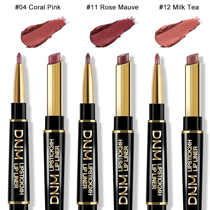 3Pcs Coral Pink, Milk Tea, Rose Mauve Lip Liner and Lipstick Set – Double-Ended 2-in-1 Lip Liner and Matte Lipstick Combo, 24-Hour Wear, Smudge-Proof, Non-Drying, Lightweight, lapiz de labios (Set A)