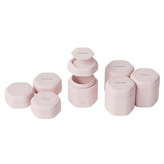 Cadence Travel Containers - Daily Routine Capsule Set - Magnetic Containers with Lids,4 Flex Mediums (1.32oz) & 3 Flex Smalls (0.56oz) - Shampoo, Conditioner, Body Wash, Pills, & More - Petal