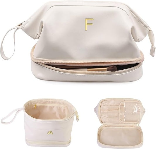 Wedding Gifts, Initial Makeup Bag, Daughter Gifts, Personalized Double Layer Cosmetic Bag with Makeup Brush Organizer, Large Capacity PU Leather Travel Toiletry Bag Cute Things for Girls
