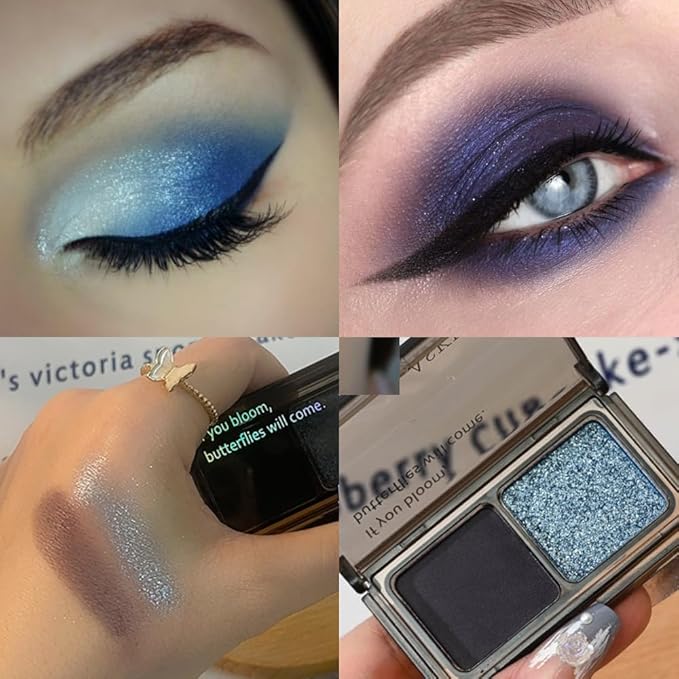 Blue Shimmer Eyeshadow Matte Deep purple Double Colors Palette, High Pigment Eye Shadow Powder, Blendable Smooth and Texture Waterproof Smudge-proof Durable Long-lasting Makeup Palette 04#