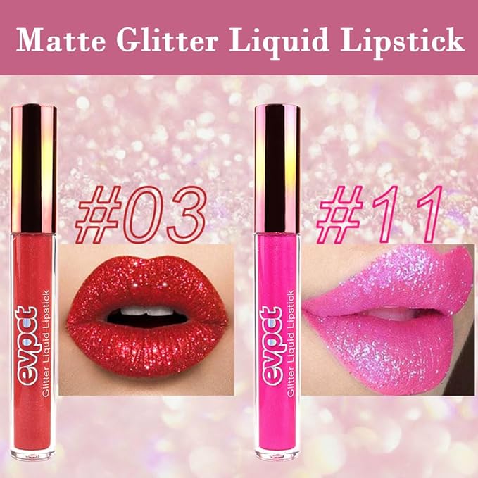 evpct 2Pcs Ruby Red Rose Pink Matte to Glitter Liquid Lipstick Set Kit for Women Long Lasting Glossy Metallic Shimmer Sparkle Lipstick Lip Gloss 3+11