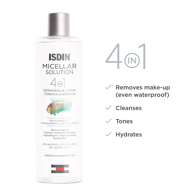ISDIN Micellar 4-in-1 Facial Cleansing Water Solution - Hydrating and Cleansing Toner and Makeup Remover for Sensitive Skin, 13.5 FL OZ