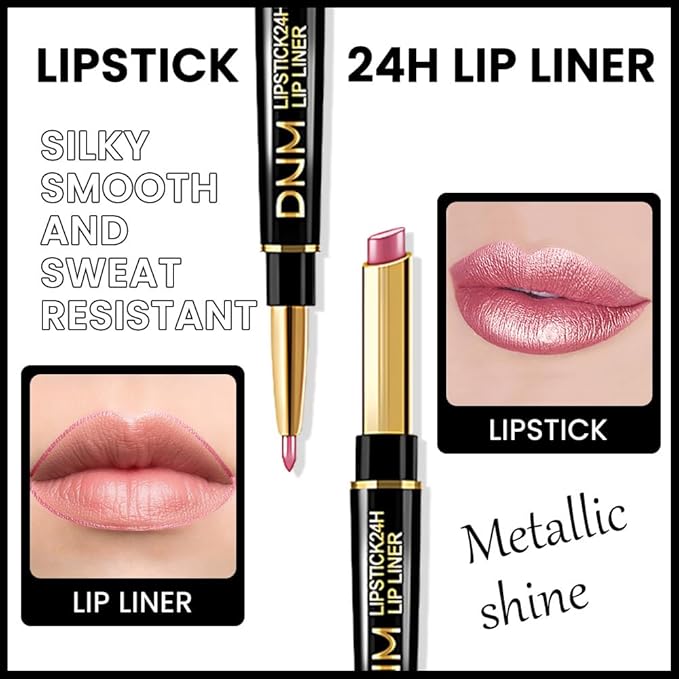 BINGBRUSH 3Pcs Double Ended Light Pink Rose Nude Brown Metallic Lip Liner and Lipstick Makeup Combo Set for Women, Lipliner 24 Hours Original Waterproof Long Lasting Lip Stains Pencil Kit Set
