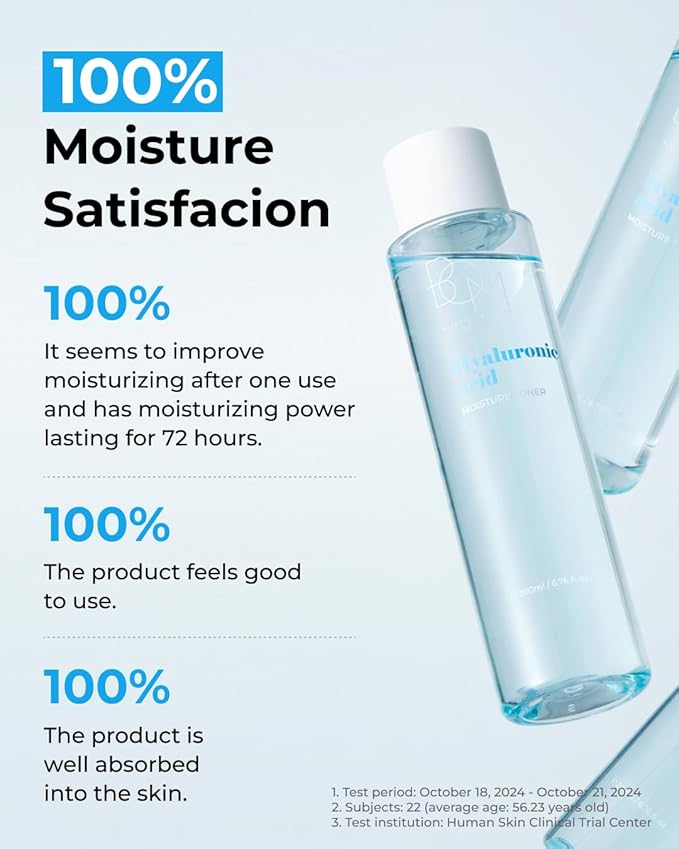 BOM Hyaluronic Acid Moisture Toner 6.76 fl oz, Lightweight Vegan Toner with Vitamins, 72 Hour Hydration Lock, Non Sticky Formula, Hypoallergenic, Sensitive Skin, Korean Skincare