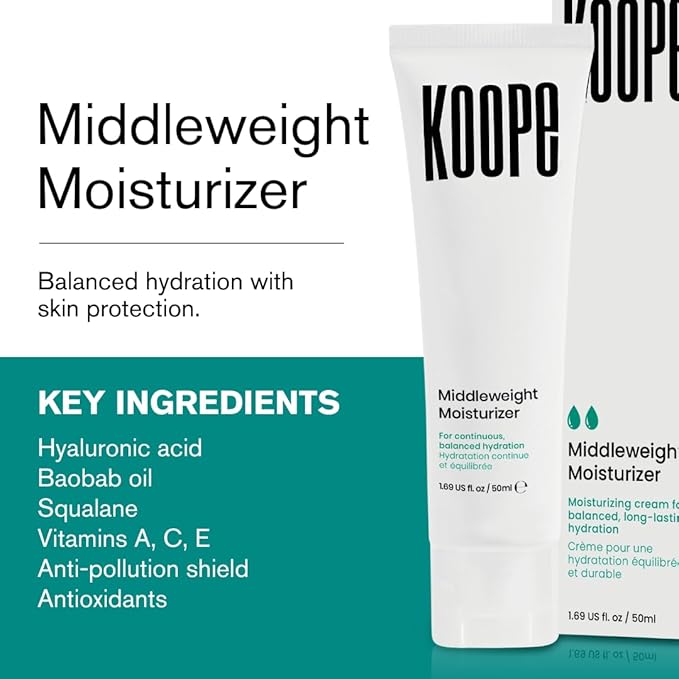 Koope Middleweight Face Cream, Moisturizer For All Skin Types, Balanced Hydration with Hyaluronic Acid, Baobab Oil, Anti-Pollution Shield, Free of Parabens, Sulphates & Fragrances, Vegan, 1.69 FL OZ