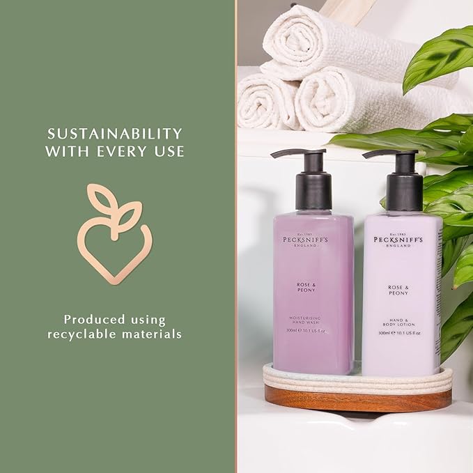 Hand Wash & Body Lotion Caddy Set (Rose & Peony) - 10.1 Fl Oz Each - Gentle Cleanser for Sensitive Skin - Moisturizing & Hydrating Hand Cream - All Natural Cruelty Free Body Wash - Pecksniff’s