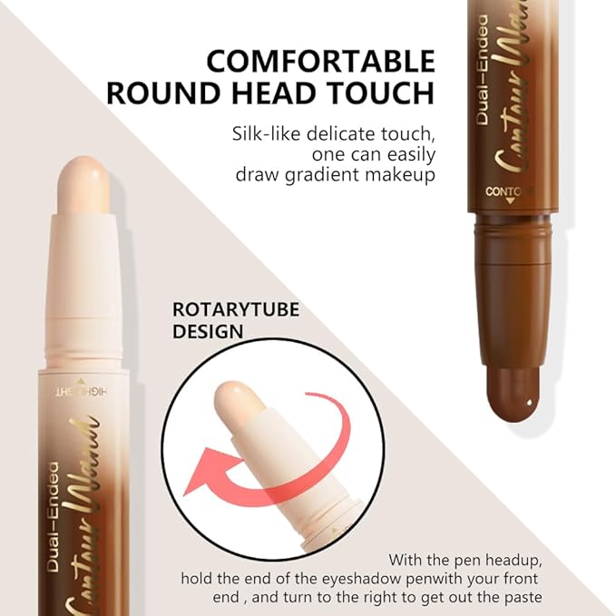 2Pcs Contour Stick Dual Ended Face Body Makeup Waterproof no Transfer, 2 in 1 Cream Concealer Stick Contouring Makeup Kit, Nose Contour Bronzer Sticks Face Highlighter Make up 21#+23#