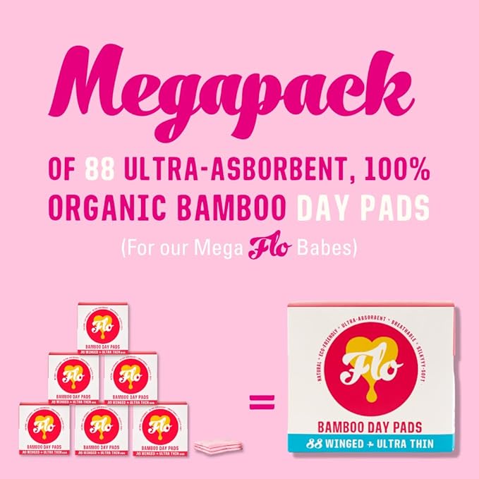 Flo Bamboo Day Period Pads with Wings - Super Absorbent, Soft, Thin (88 Pads)