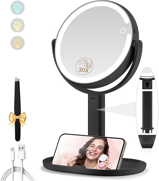 Makeup Mirror with Lights, Double Sided 1x/30x Magnifying Mirror with Light, Rechargeable 3 Color Lights and Adjustable Brightness, 360° Rotation Detachable Comes with Tweezer(Black)