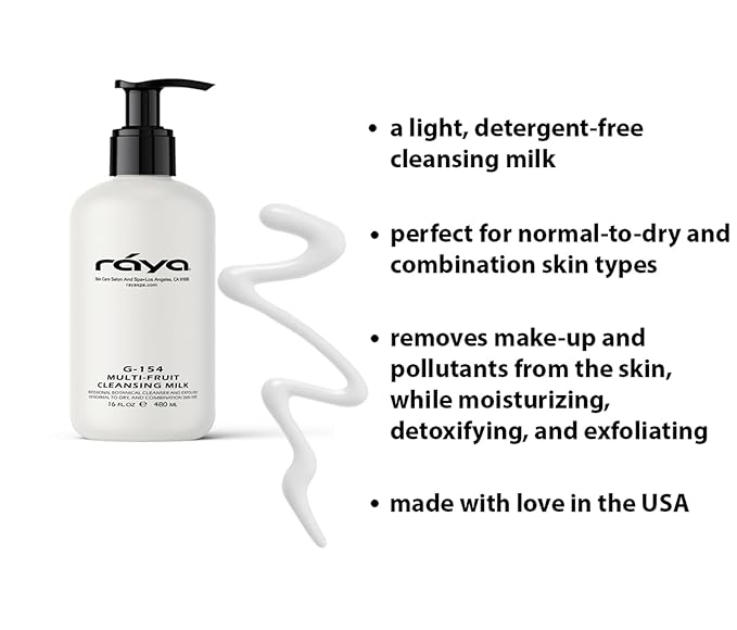 Raya Multi-Fruit Facial Cleansing Milk with AHA and BHA 16 oz (G-154) | Exfoliating Soap-Free Cleanser and Make-Up Remover for Dry and Combo Skin | Made with Multi-Fruit Alpha and Beta Hydroxy Acids