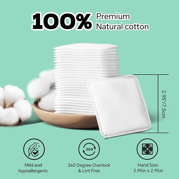 Large Square Cotton Pads, 80 Count, Lint-Free, Soft, Rounded Corners, Multi-Layer, for Makeup Removal, Toner, Facial Cleansing, Boxed