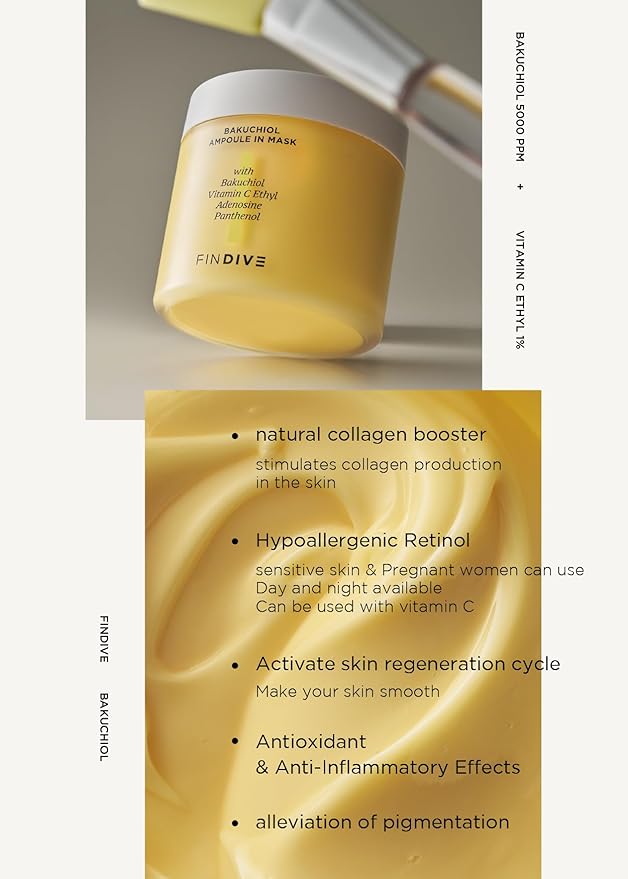 FINDIVE OFFICIAL Bakuchiol Ampoule In Mask, 5,000ppm Bakuchiol, Plan-Based Retinal Alternative, Vitamin C Ethyl, Adenosine, Panthenol, Brightning mask, Anti-aging mask, 6.76fl.oz