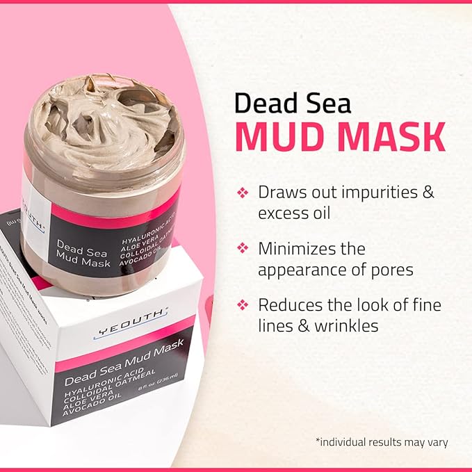 YEOUTH Dead Sea Mud Mask for Face with Hyaluronic Acid and Avocado Oil, Revitalizing Face Masks for Smoother Looking Skin 8oz