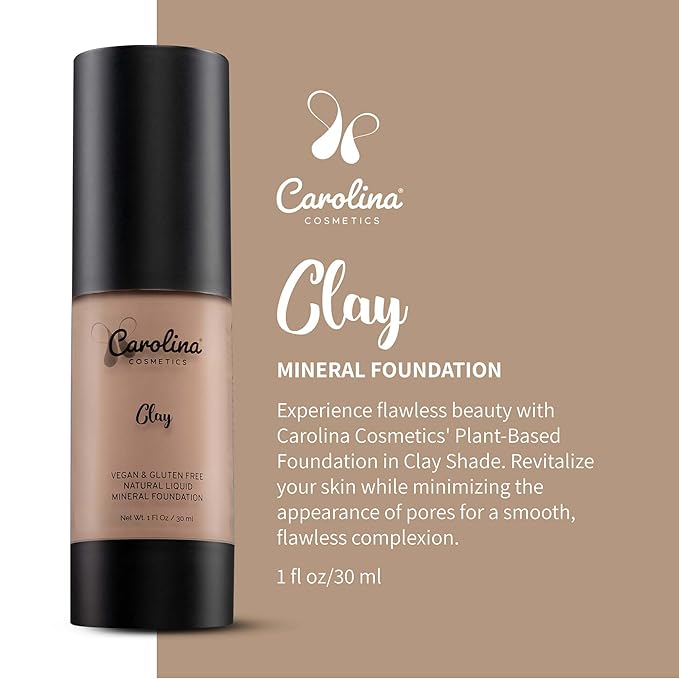 Plant-Based Foundation in Clay Shade - Hydrating, Pore-Minimizing & Buildable Coverage - Vegan, Non-GMO, Gluten-Free, Paraben-Free - Sun Protection - 1Fl Oz