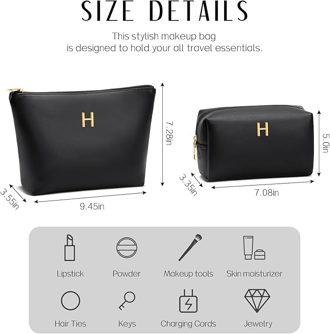 Women Gifts | Initial Makeup Bag Set for Girl Personalized Gifts for Bridesmaid Friend Graduation Teachers PU Leather Cosmetic Travel Toiletry Bag(Black,H)