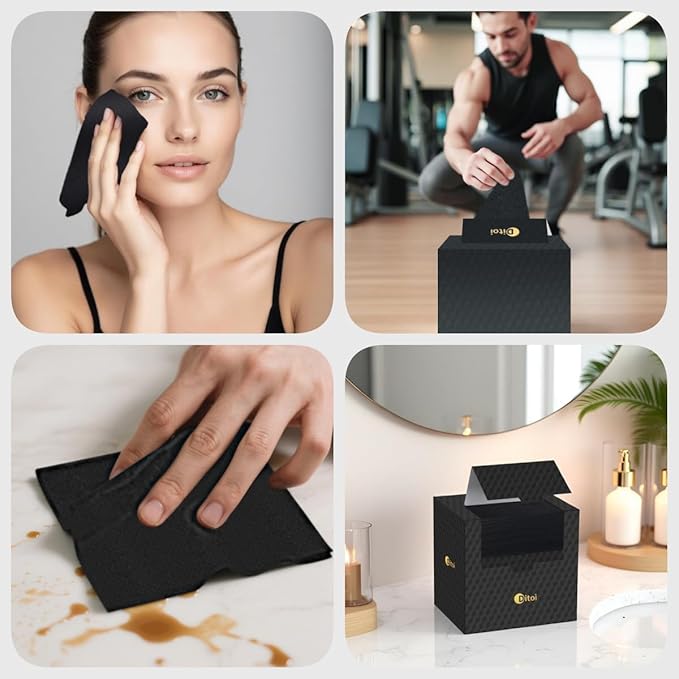 Ditoi Face Towels, Disposable Black Paper Towels, Light Exfoliation for Oily Skin,Facial Towels XL for Makeup Remover & Skincare,10"×12", 50 Count